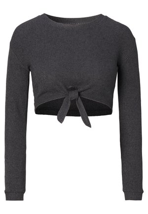 Donkergrijze, geribbelde, cropped trui met lange mouwen, een knoop aan de voorkant en een ronde hals.