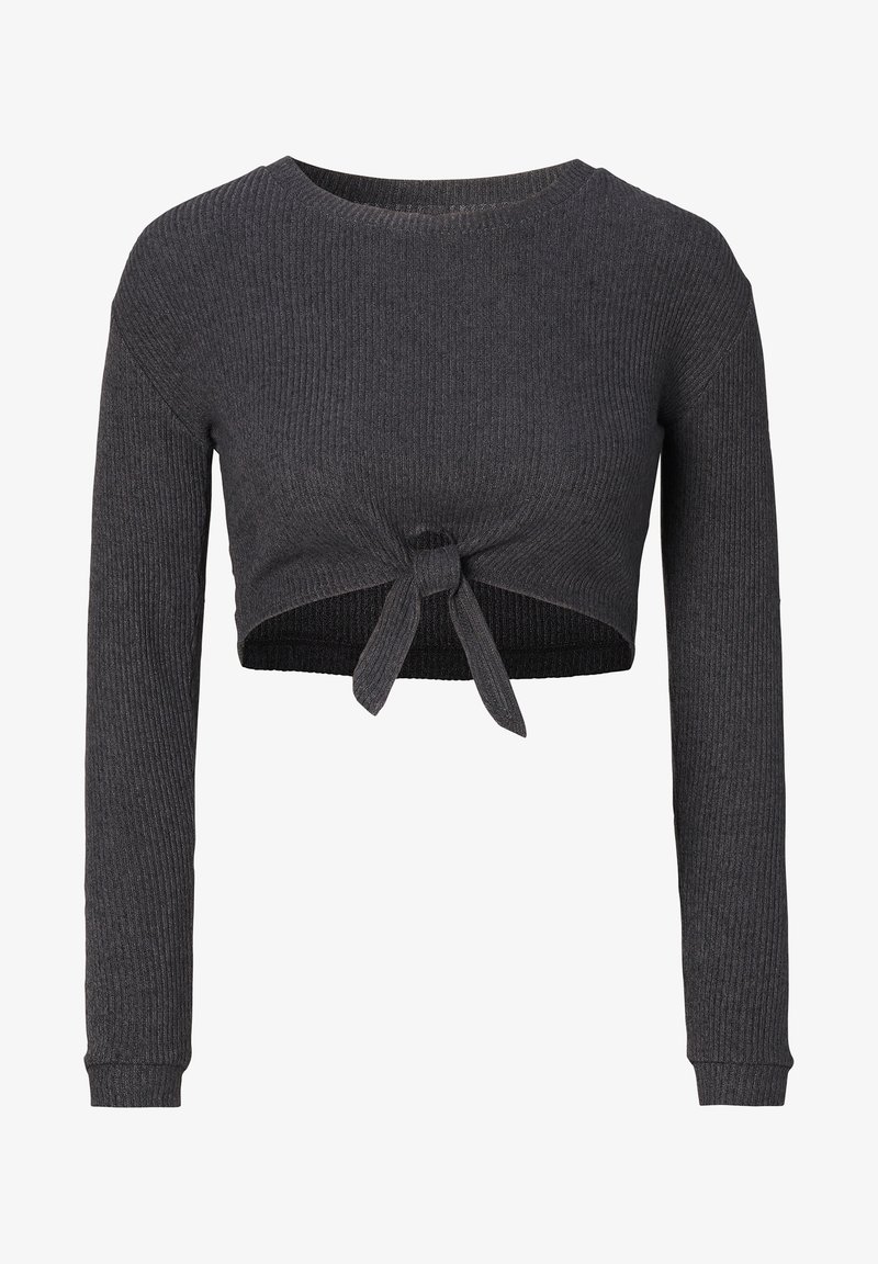 Pull court à manches longues côtelé de couleur gris foncé avec un nœud à nouer sur le devant et un col rond.