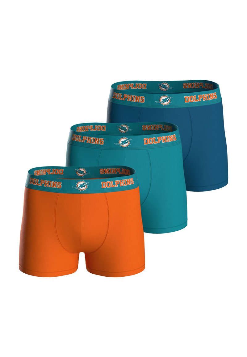 Bóxer para hombres en color naranja, azul verdoso y azul oscuro. Cada uno tiene una cinturilla con logo que presenta "DOLPHINS" y gráficos del equipo. Tejido suave y elástico.