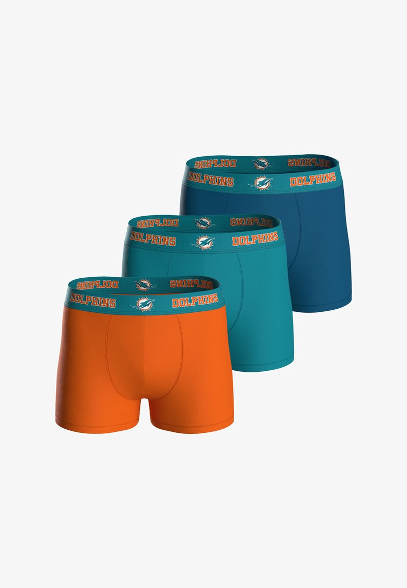 Bóxer para hombres en color naranja, azul verdoso y azul oscuro. Cada uno tiene una cinturilla con logo que presenta "DOLPHINS" y gráficos del equipo. Tejido suave y elástico.