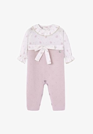 Combinaison bébé à manches longues avec bas en tricot violet clair, haut blanc à motif floral, col volanté et nœud à la taille.