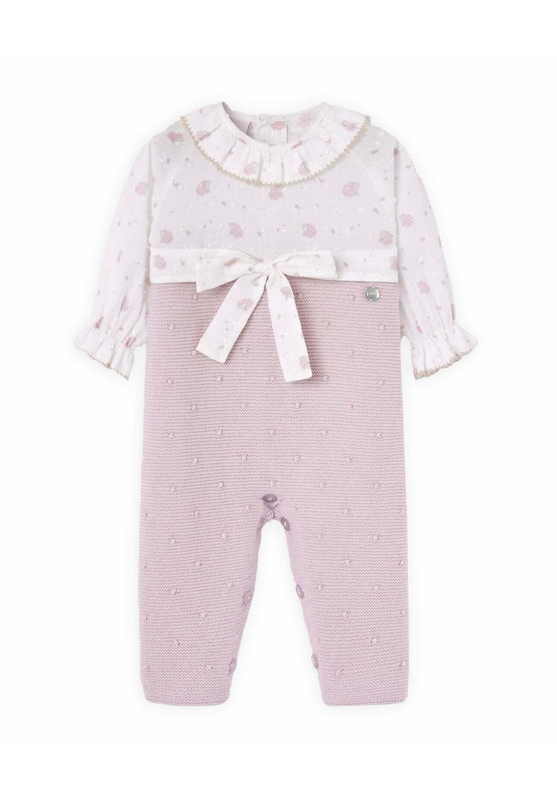 Combinaison bébé à manches longues avec bas en tricot violet clair, haut blanc à motif floral, col volanté et nœud à la taille.