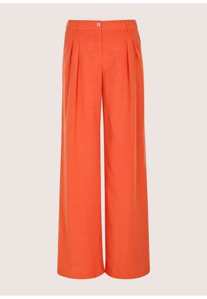 Wijde broek in fel oranje, met een gladde textuur, plooien aan de voorkant en een knoopsluiting in de taille. Lichtgewicht stof.