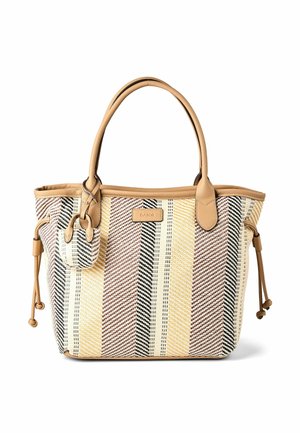 Bolso tote de cuero color canela con patrón tejido de rayas verticales en beige, amarillo, marrón y negro, con asas enrolladas y cordones laterales.