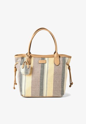 Tote bag met afwerking van cognackleurig leer en een verticaal gestreept geweven patroon in beige, geel, bruin en zwart, voorzien van opgerolde handvatten en zijstrikjes.