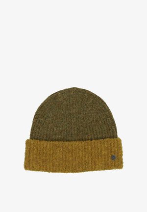 Pletena kapa s maslinasto zelenim vrhom i preklopljenim rubom u senfu žutoj boji, s malim okruglim metalnim emblemom na rubu.