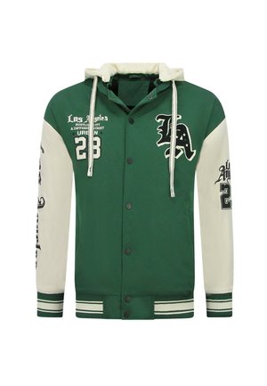 Groen-wit varsityjack met capuchon, knopen aan de voorkant, gestreepte boorden en Los Angeles en nummer 28 patches op borst en mouwen.