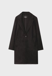 Czarny jednorzędowy płaszcz z mieszanki wełny z kołnierzem z klapą i dwiema przednimi kieszeniami naszywanymi, wyłożony płasko na jasnym tle.