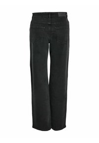 Czarne dżinsy szerokie w nogawkach, wykonane z denimu, z tylnymi kieszeniami i prostym krojem pasa. Teksturowana tkanina z minimalnymi detalami szwów.
