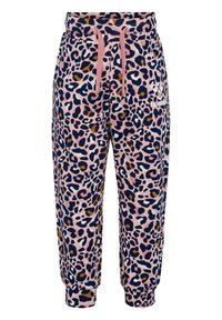 Leopardmönstrade joggers gjorda av mjukt tyg, med en rosa bakgrund och mörkblå, bruna och vita fläckar, samt en elastisk midja med snörning.