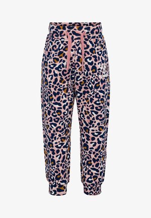 Leopardenmuster-Jogginghosen aus weichem Stoff, mit einem pinken Hintergrund und dunkelblauen, braunen sowie weißen Flecken, und einem elastischen Bund mit Kordelzug.
