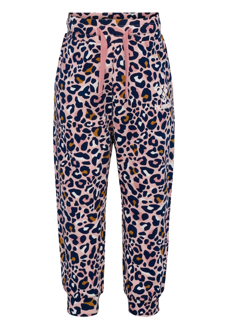 Leopardmönstrade joggers gjorda av mjukt tyg, med en rosa bakgrund och mörkblå, bruna och vita fläckar, samt en elastisk midja med snörning.