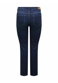 Mörkblå jeans i denim med rak bendesign, två bakfickor och synliga sömmar. Har en midja med en etikett.