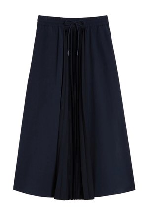Gonna midi blu navy con vita elastica e coulisse, con un pannello centrale verticale plissettato.