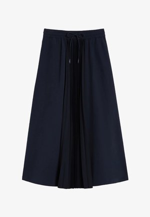Gonna midi blu navy con vita elastica e coulisse, con un pannello centrale verticale plissettato.