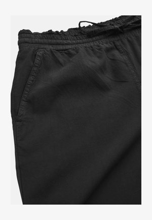 Zwarte casual broek met elastische tailleband en trekkoord, voorzien van steekzakken aan de voorkant en een ontspannen pasvorm met een geruite stofstructuur.