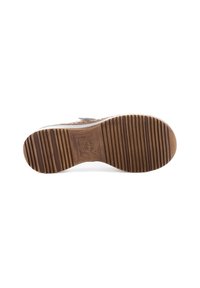 Brown rubber shoe sole with textured gripping pattern, featuring a rounded shape and embossed branding on the arch area.