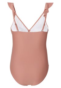 Eén-pieces zwempak in een zachte roze tint, met ruffels op de schouderbandjes en een witte binnenvoering, voorzien van verstelbare bandjes en een V-halsontwerp.