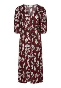 Lang, bordeauxrood jurk met een wit bloemenpatroon, met een V-halslijn, puffmouwen en een cinched taille met een strik. Lichtgewicht stof.