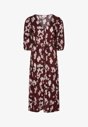 Abito lungo bordeaux con motivo floreale bianco, con scollo a V, maniche puff e vita stretta con un laccio. Tessuto leggero.