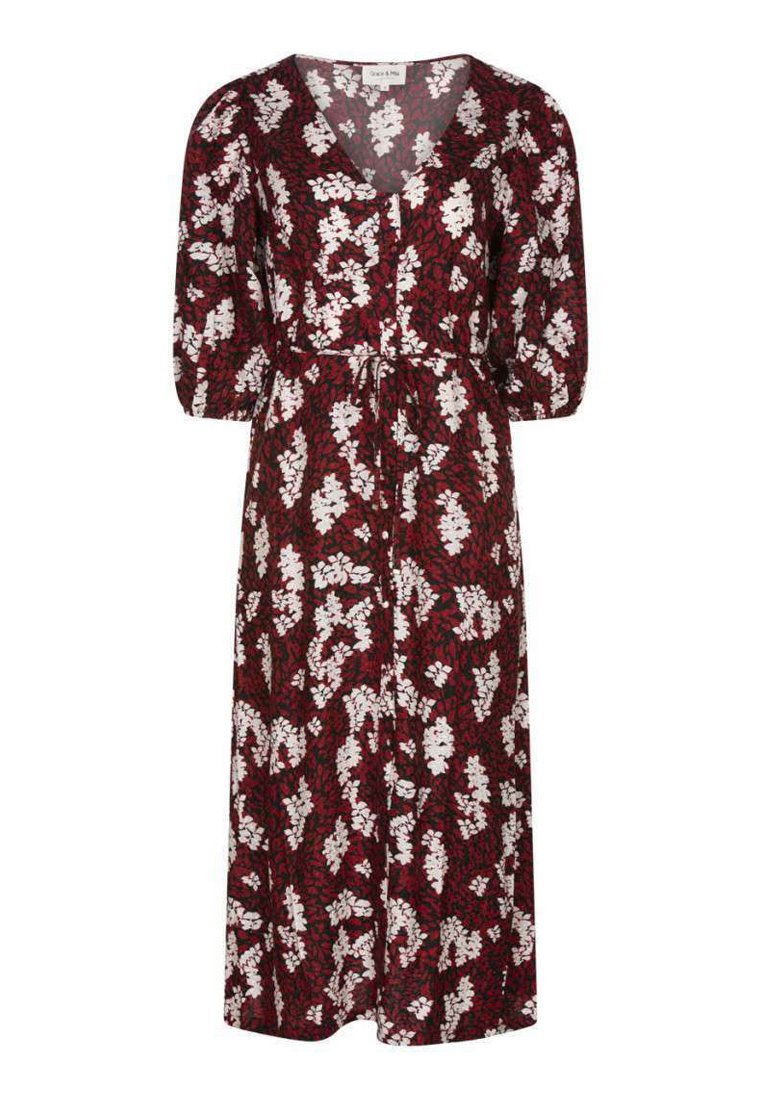 Lang, bordeauxrood jurk met een wit bloemenpatroon, met een V-halslijn, puffmouwen en een cinched taille met een strik. Lichtgewicht stof.