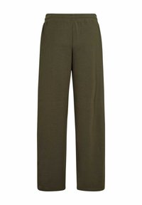Olivgrüne, weit geschnittene Hosen aus weichem, atmungsaktivem Stoff, mit elastischem Taillenbund und ohne sichtbare Verschlüsse oder Taschen.