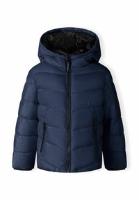 Navy puffer jacket with a hood, zip closure, two side pockets, and horizontal quilted pattern. Inner lining is black and smooth.