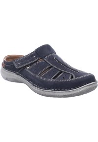 Navy blue leather clogs with cut-out ventilation, contrasting white stitching, cushioned insole, and a textured rubber outsole.
