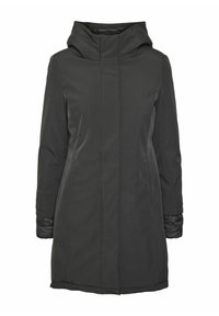 Lang zwarte jas met een hoge kraag en capuchon. Gemaakt van een gladde stof met een licht glanzende afwerking. Heeft ritszakken aan de zijkanten en lange mouwen.