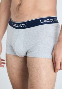 Grau Baumwolle Boxer-Shorts mit einem marineblauen Bund, der weiße "LACOSTE"-Markierung trägt, glatte Textur und eine enge Passform.