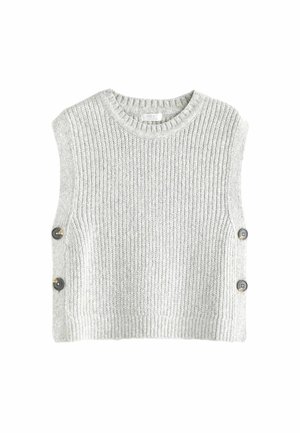 Un pull sans manches en tricot gris clair avec une texture côtelée, doté de quatre boutons foncés sur les côtés et d'un col rond.