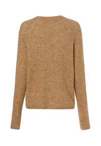 Beige gestrickter Pullover mit langen Ärmeln, Rundhalsausschnitt und textured Oberfläche. Verfügt über Raglan-Nähte und einen geraden Saum. Weiches, warmes Material.