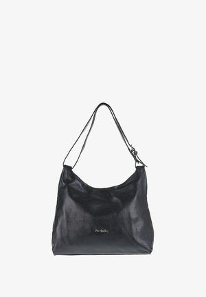 Zwarte leren hobotas met een textuur, enkele schouderriem en gouden logo-accent aan de voorkant. Zacht, gebogen ontwerp voor gemakkelijk dragen.