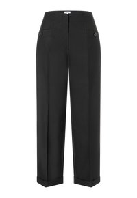 Schwarze maßgeschneiderte Hose mit geradem Bein, vorderen Taschen mit Knöpfen und umgeschlagenen Säumen.
