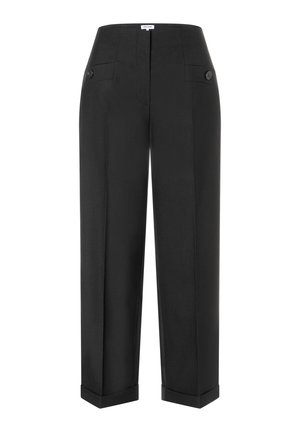 Schwarze maßgeschneiderte Hose mit geradem Bein, vorderen Taschen mit Knöpfen und umgeschlagenen Säumen.