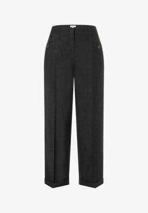 Schwarze maßgeschneiderte Hose mit geradem Bein, vorderen Taschen mit Knöpfen und umgeschlagenen Säumen.