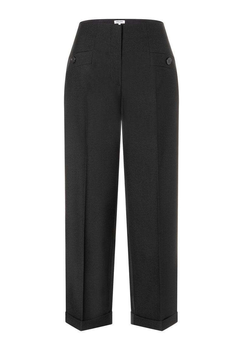 Schwarze maßgeschneiderte Hose mit geradem Bein, vorderen Taschen mit Knöpfen und umgeschlagenen Säumen.