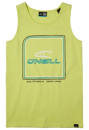 Limegrøn ærmeløs tanktop med O'Neill-logo og "California Santa Cruz" tekst indeni en tre-linjers firkantet ramme foran.