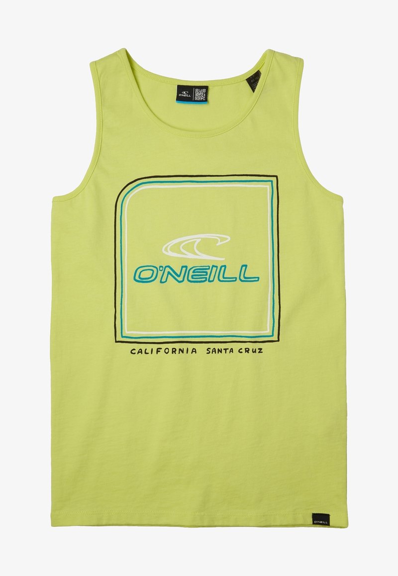Débardeur vert citron sans manches avec logo O'Neill et texte "California Santa Cruz" à l'intérieur d'un cadre carré à trois lignes sur le devant.