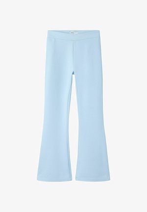 Pantalon évasé bleu clair à taille haute avec un tissu lisse, conçu pour un confort optimal.