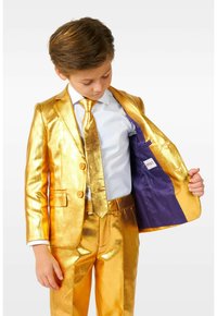 Noor poiss kannab läikivat kuldset kostüümi, lipsu ja pükse, avades jakk, et paljastada lilla vooder ja valge särk all.