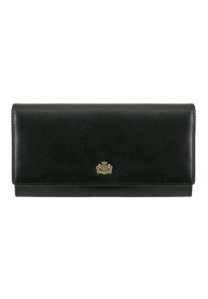 Portemonnaie en cuir noir avec une texture lisse, de forme rectangulaire et un détail de logo doré sur le devant. Design compact pour un rangement facile.