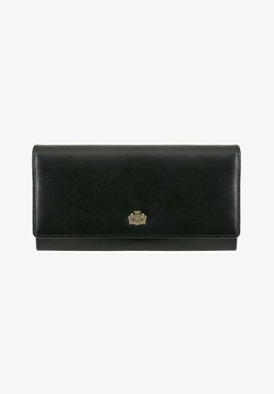Cartera de cuero negro con textura suave, forma rectangular y detalle del logotipo en tono dorado en la parte frontal. Diseño compacto para un fácil almacenamiento.