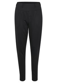 Pantalon noir fuselé avec taille haute, passants de ceinture et plis devant, conçu pour une silhouette ajustée et un port formel ou décontracté.
