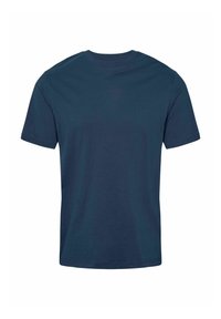 Preprosta mornarsko modra majica kratkih rokavov z okroglim izrezom, gladek material, običajen kroj, sprednji pogled na belem ozadju.