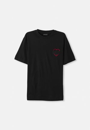 Black cotton t-shirt with short sleeves, featuring a red embroidered heart design on the left chest. Classic crew neckline, relaxed fit.