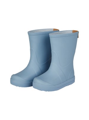 Blue rubber rain boots with a smooth texture, round toe, ridged sole, and a brown tab at the back. Designed for waterproof use.