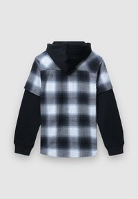 Felpa con cappuccio a quadri neri e grigi, con maniche lunghe nere, caratterizzata da un retro fantasia e un cappuccio con coulisse. Tessuto morbido, design casual.