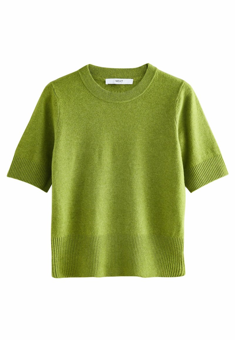 Grüner Kurzarmpullover aus weichem Strickmaterial, mit Rundhalsausschnitt und geripptem Saum und Bündchen. Einfaches Design mit normaler Passform.