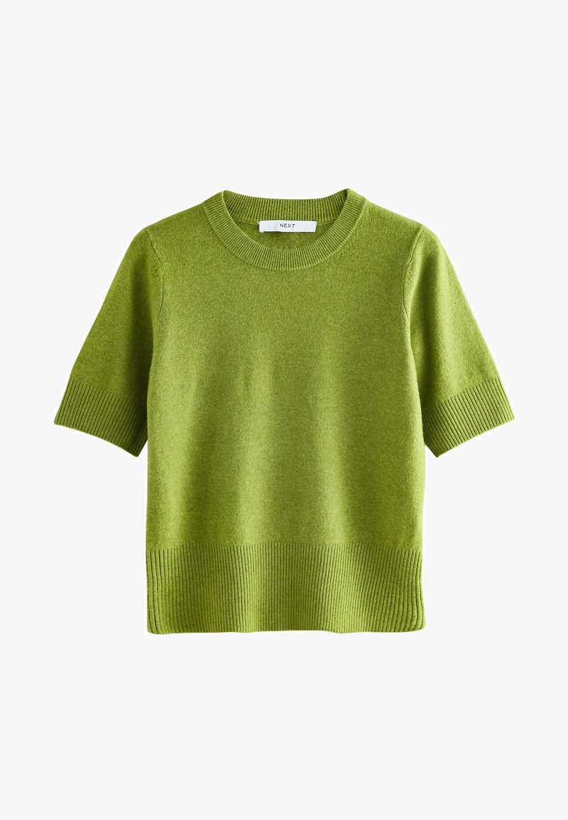 Grüner Kurzarmpullover aus weichem Strickmaterial, mit Rundhalsausschnitt und geripptem Saum und Bündchen. Einfaches Design mit normaler Passform.